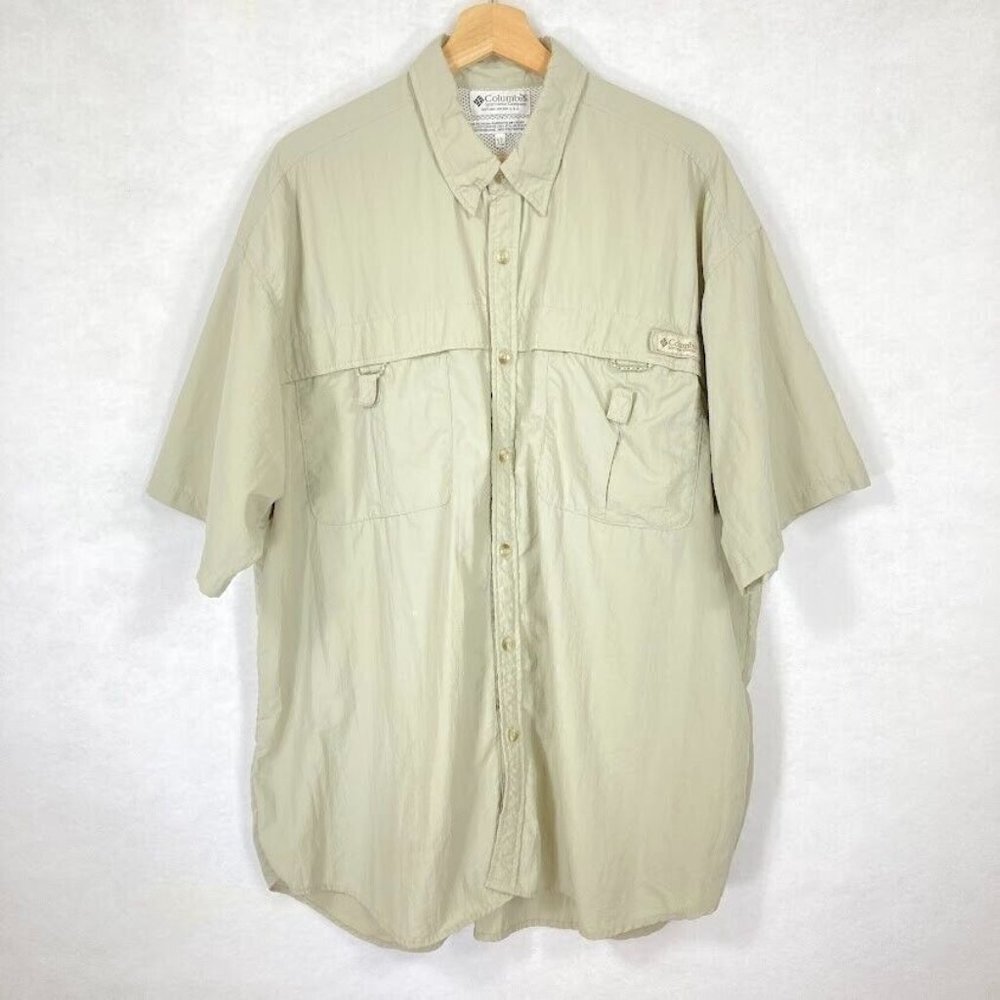 Columbia Mens PFG Shirt Short Sleeve Button Down Vented Fishing Khaki XL